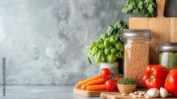 Obraz A vibrant plant-based spread with fresh vegetables, greens, and grains on a rustic table, illuminated by natural sunlight for a wholesome, earthy feel.