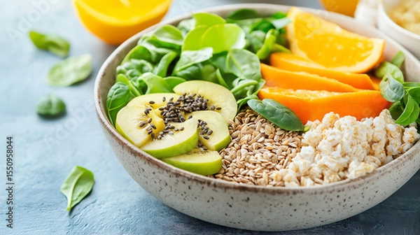 Obraz A vibrant plant-based spread with fresh fruits, greens, and grains on a rustic table, illuminated by natural sunlight for a wholesome, earthy feel.