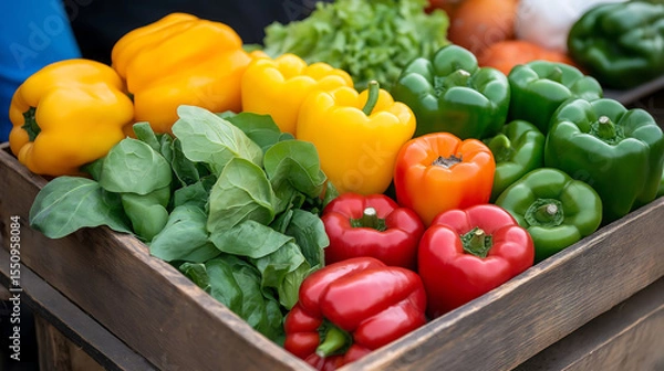 Obraz A vibrant plant-based spread with leafy greens, bell peppers, and tomatoes, artfully arranged on a rustic wooden table with a touch of natural sunlight.