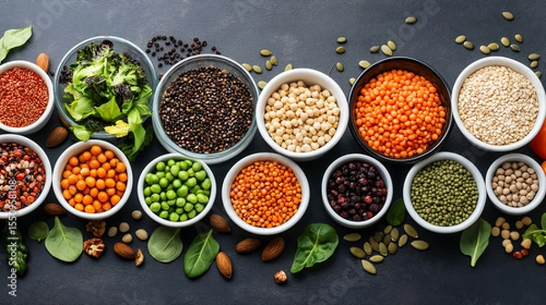 Obraz A vibrant plant-based spread with fresh vegetables, greens, and grains on a rustic table, illuminated by natural sunlight for a wholesome, earthy feel.