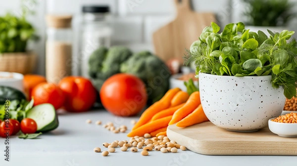 Obraz A vibrant plant-based spread with fresh vegetables, greens, and grains on a rustic table, illuminated by natural sunlight for a wholesome, earthy feel.