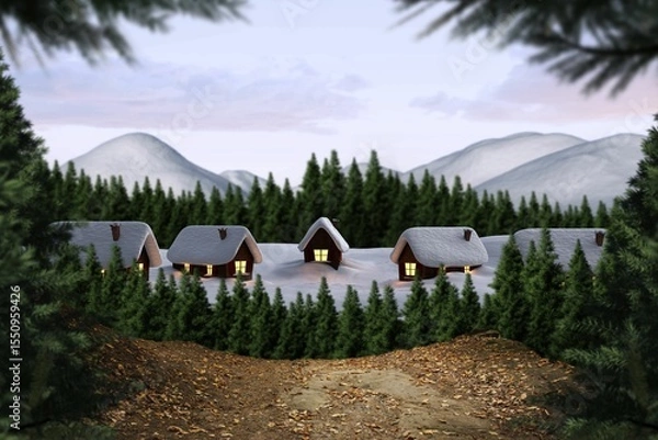 Fototapeta Digitally generated Cute village in the snow