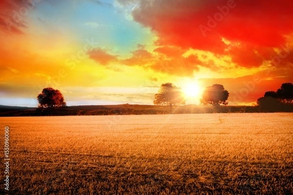 Fototapeta Flat design with stubble field stretching, deciduous trees filtering sun rays under sunset sky
