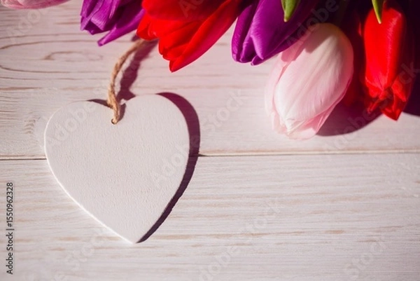 Obraz Flat design white wooden heart ornament is resting on tabletop with red, pink, purple tulip bouquet