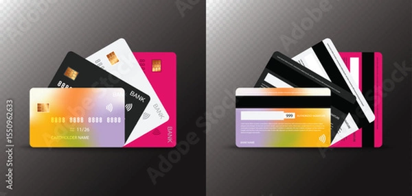 Fototapeta Realistic Credit and Debit Card Set – Multi-Colored Plastic Bank Cards Fanned Out, Front and Back View Vector Illustration
