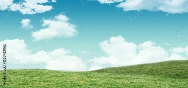 Fototapeta Rolling green hills in vector design are stretching across blue sky with white clouds, copy space
