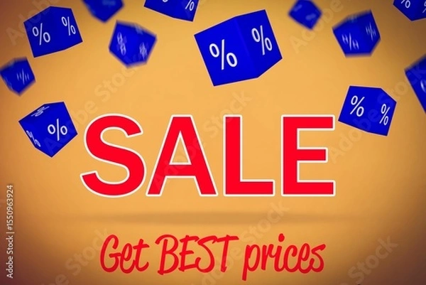 Fototapeta Promotional design is showing bold red SALE on warm gradient, with floating blue percent cubes