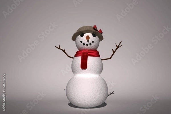 Obraz Snowman is standing on gray backdrop, flat design, featuring twig arms, red scarf, carrot nose
