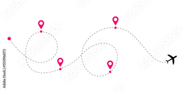 Fototapeta Plane route line collection with dashed and dotted flight paths showing aircraft tracking patterns and global travel connections for aviation design and air traffic navigation concepts