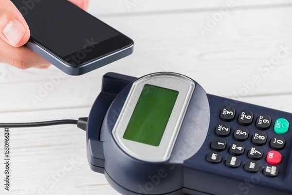 Obraz showing vector terminal, green screen and keypad on white table, hand tapping smartphone above slot