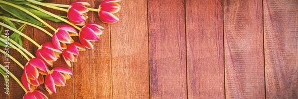 Obraz Pink tulip blossoms with green stems are lying diagonally on warm wooden tabletop in flat design