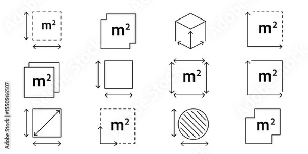 Fototapeta Real estate dimension icon showing M2 sign. Square meter measurement symbol for floor area, room size, or apartment plan. Clean outline vector illustration