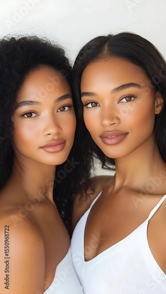 Fototapeta Two beautiful models with clean, clear skin for the beauty campaign. They have no makeup on their faces and show off a smooth, healthy, glowing, 