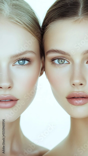 Fototapeta Two beautiful models with clean, clear skin for the beauty campaign. They have no makeup on their faces and show off a smooth, healthy, glowing, 