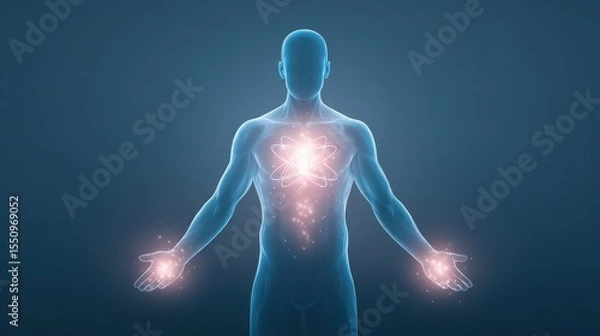 Obraz A human figure channeling mental power, merging with atomic energy, symbolizing energy control, life balance, the law of attraction, and the act of manifesting.