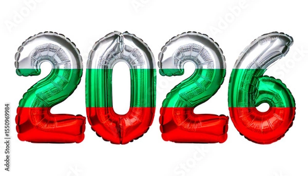Obraz 数字の2026の形のブルガリアの国旗柄の風船。白背景（Bulgaria flag pattern balloons in the shape of the number 2026 on white background）
