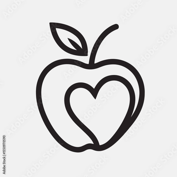 Obraz Logo for a wellness brand: A heart shape seamlessly integrated into the curve of the apple, with two leaf outlines. Black vector art on a white background.