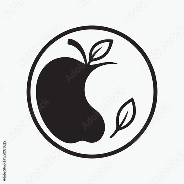 Obraz A yin-yang symbol where one half is a stylized apple and the other is empty space, with the two leaf outlines acting as the dots. Black vector art on a white background.