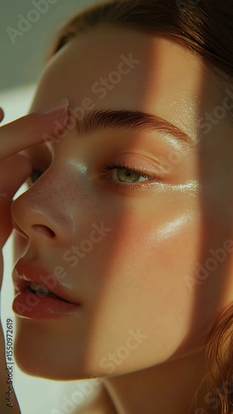 Fototapeta A close-up photo-realistic photo of an attractive european woman face and hand applying cream on the cheek, with closed eyes, against a white background. Soft lighting highlights the facial features 