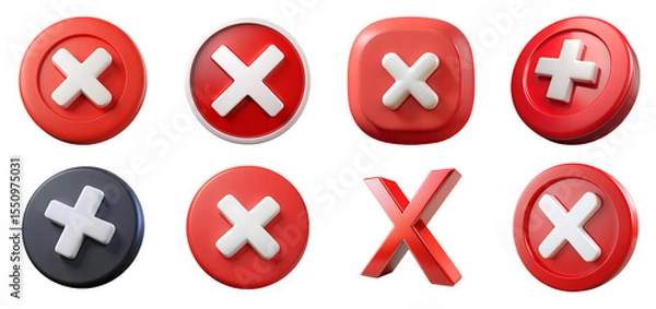 Fototapeta 3D cross icon set illustration png collection error deny reject cancel red cross x icon
