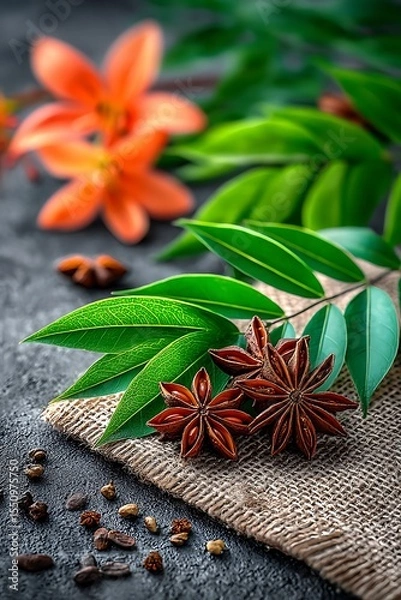 Obraz Aromatic spices and flowers on a dark surface