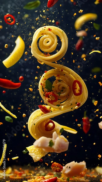 Fototapeta Please generate a photo with a single spiral-like rolled noodle, floating and flying on explosion-like limbo with chili peppers, lemon slices, lemon zest, chunks of tuna in between
