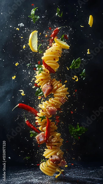 Fototapeta Please generate a photo with a single spiral-like rolled noodle, floating and flying on explosion-like limbo with chili peppers, lemon slices, lemon zest, chunks of tuna in between