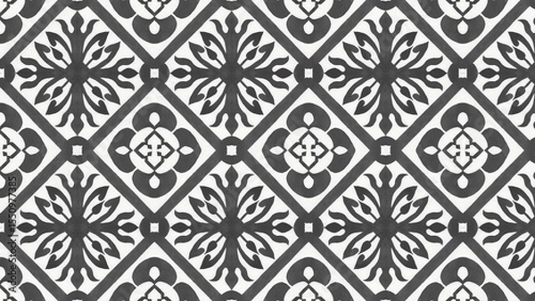 Fototapeta Black and white floral pattern with repeating square shapes in a symmetrical arrangement design style