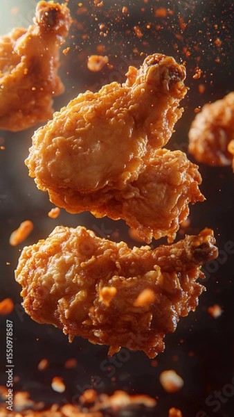 Fototapeta delicious fried chicken with a charming background, floating in the air, cinematic, professional food, ultra realistic