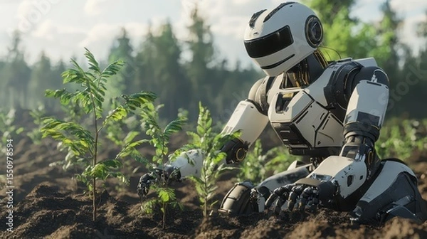 Obraz AI Robot Planting Trees in Deforested Area with Technology Assistance