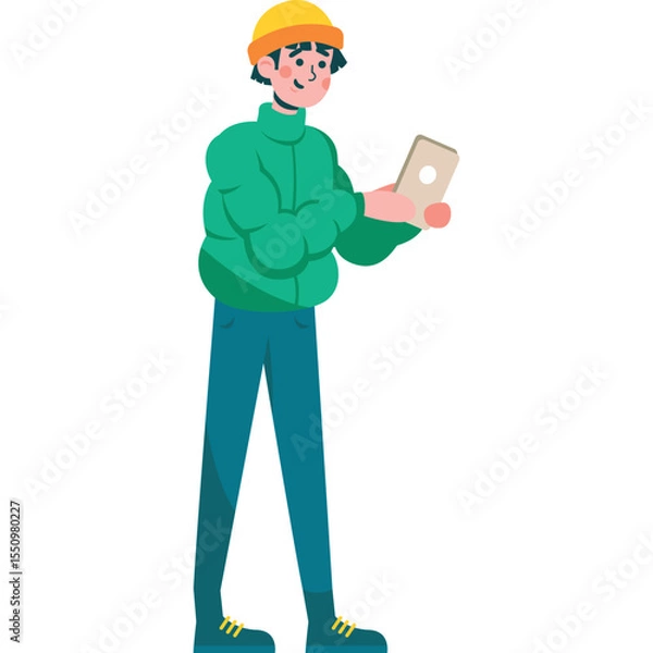 Obraz man in autumn clothes with mobile tablet vector icon isolated on white