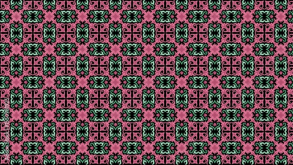 Obraz Seamless pattern with stylized floral and geometric elements in pink, black, and teal colors design