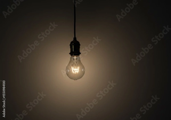 Fototapeta A glowing light bulb hanging from a ceiling, illuminating a dark room with warmth