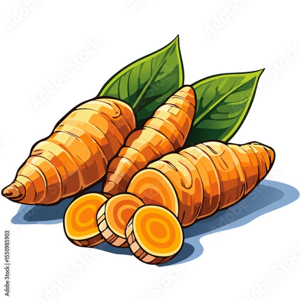 Obraz Turmeric root vector color illustration in sketch style. Line art of useful spice for packaging and design.
