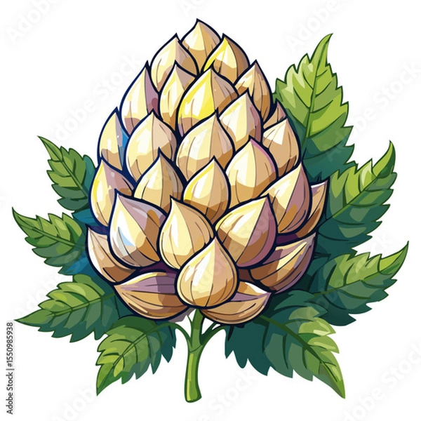 Obraz Hop cones on a branch color vector illustration. Image of an ingredient for beer with leaves on an isolated background. For packaging and design