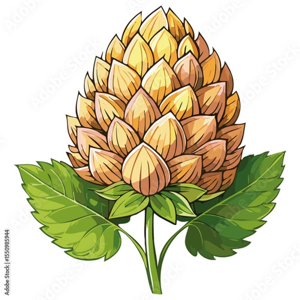 Obraz Hop cones on a branch color vector illustration. Image of an ingredient for beer with leaves on an isolated background. For packaging and design