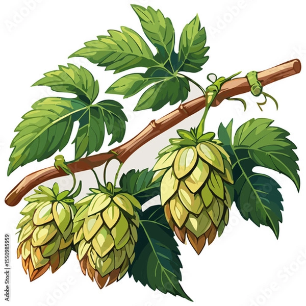 Obraz Hop cones on a branch color vector illustration. Image of an ingredient for beer with leaves on an isolated background. For packaging and design