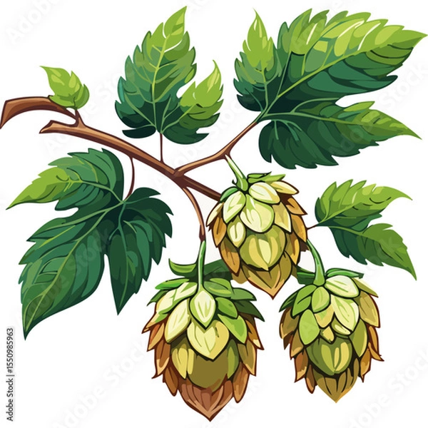 Obraz Hop cones on a branch color vector illustration. Image of an ingredient for beer with leaves on an isolated background. For packaging and design