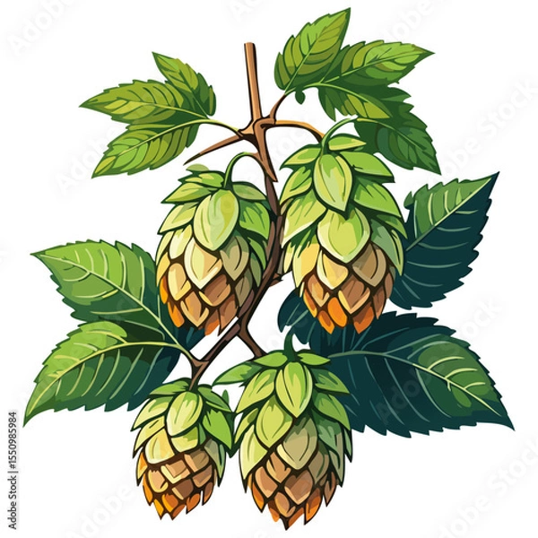 Obraz Hop cones on a branch color vector illustration. Image of an ingredient for beer with leaves on an isolated background. For packaging and design