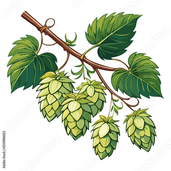 Obraz Hop cones on a branch color vector illustration. Image of an ingredient for beer with leaves on an isolated background. For packaging and design