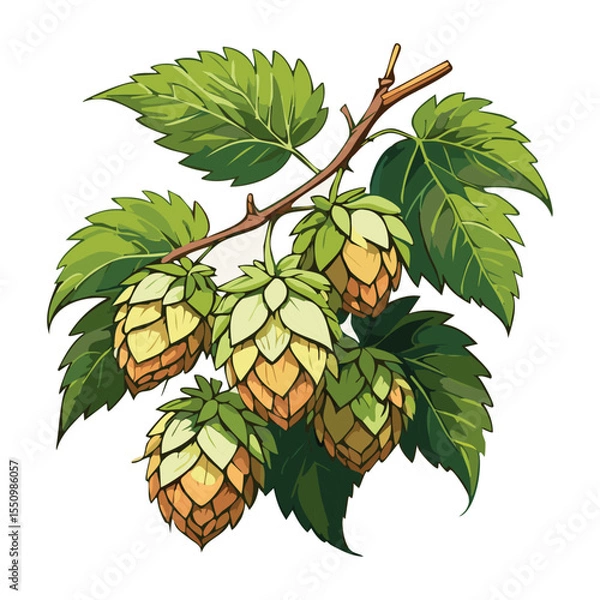 Obraz Hop cones on a branch color vector illustration. Image of an ingredient for beer with leaves on an isolated background. For packaging and design