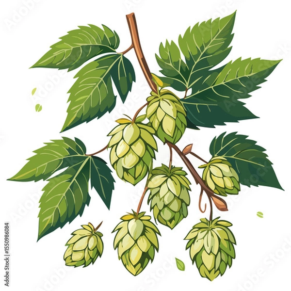 Obraz Hop cones on a branch color vector illustration. Image of an ingredient for beer with leaves on an isolated background. For packaging and design