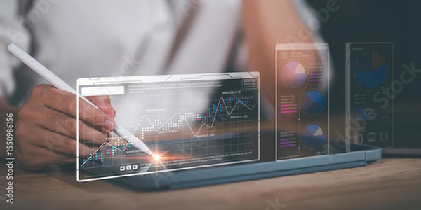 Fototapeta Businessman reading graph report and business statistics charts ,Analysis and improvement of corporate strategy ,Statistics and Data Concepts ,business growth graph ,Business analytics connected
