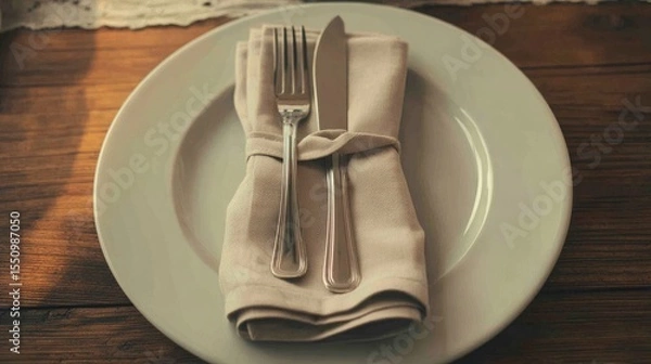 Fototapeta Neutral-toned napkin placed neatly next to the dinner plate in casual setting