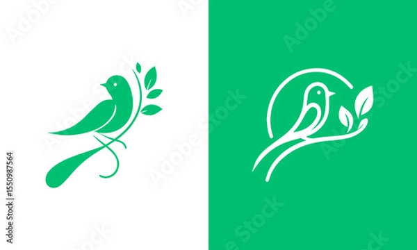 Obraz Elegant green bird perched on a branch with leaves logo design ai generated