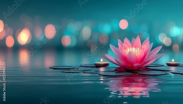 Obraz Peaceful lotus flower on water with candles