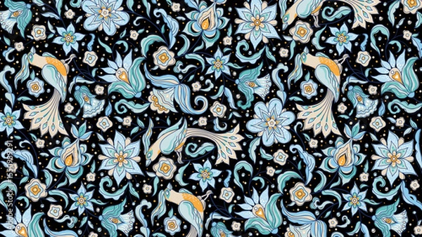 Obraz Seamless pattern with birds and flowers on a black background in a decorative style design art