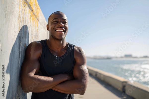 Fototapeta A man with a big smile on his face is standing on a pier by the water