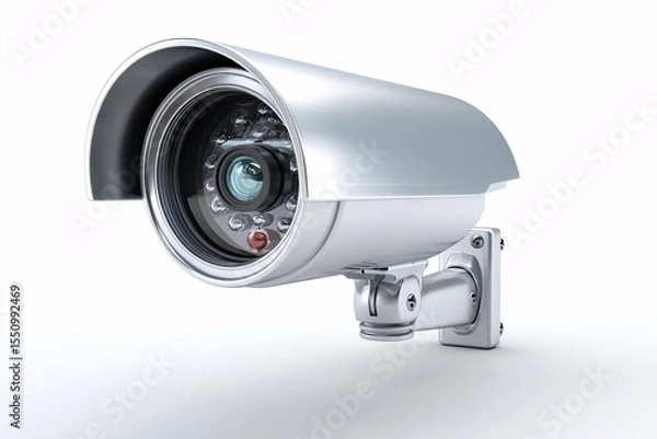 Fototapeta 3D home security camera, isolated on white background, for protection.
