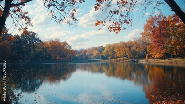 Obraz Autumn lake reflection with colorful orange and yellow trees under blue sky and scattered clouds, peaceful nature scene with calm water and fallen leaves